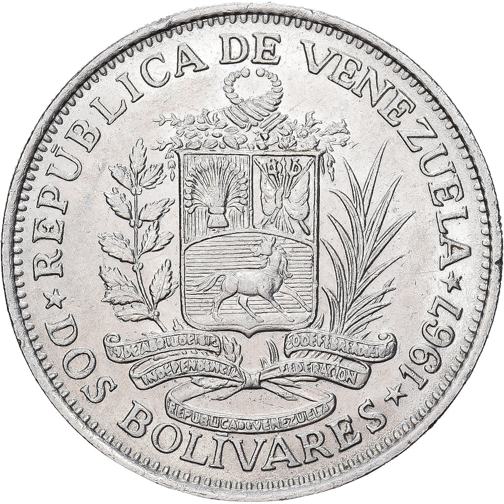 Venezuela, 2 Bolivares, 1967, Aço Revestido a Níquel, AU(50-53), KM:43a.1