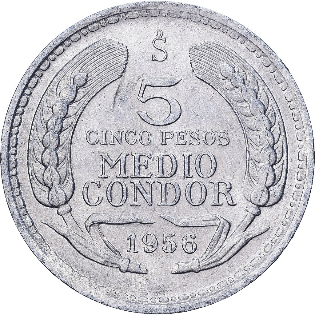 Chile, 5 Pesos, 1956, Casa da Moeda, Aluminum, AU(50-53), KM:180