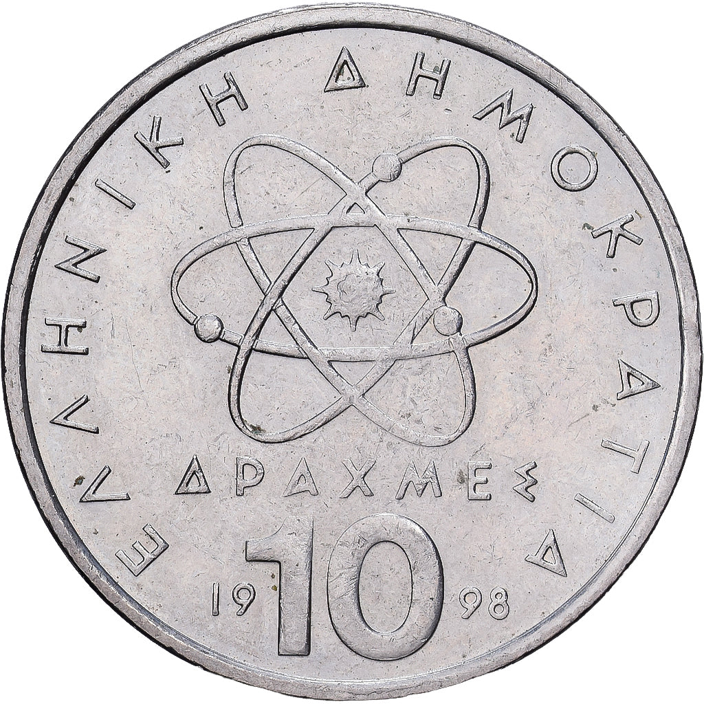 Greece, 10 Drachmes, Democritus, 1998, Copper-nickel, EF(40-45), KM:132