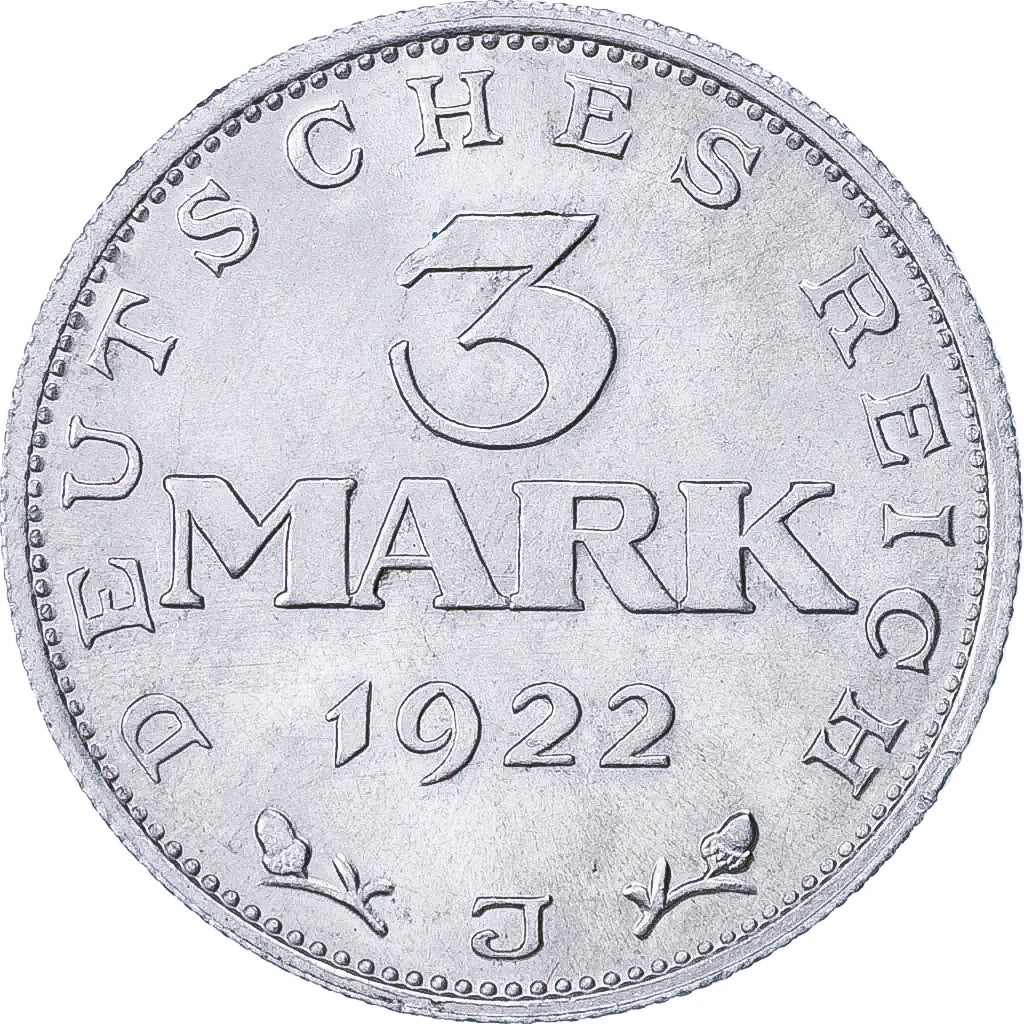 Duitsland, 3 Mark, Weimar Constitution, 1922, Hambourg, Aluminium, PR, KM:29