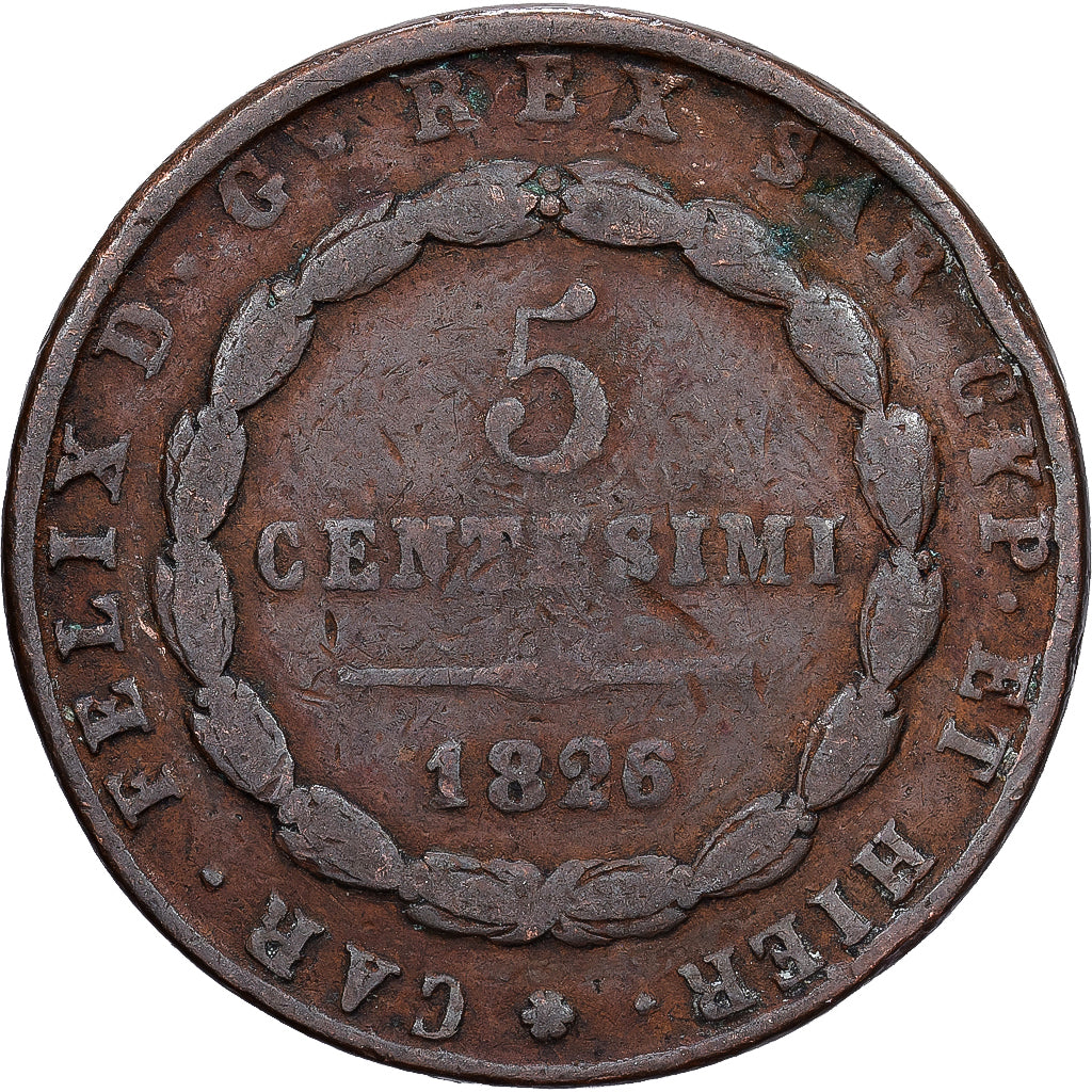 STATI ITALIANI, SARDINIA, Carlo Felice, 5 Centesimi, 1826, Turin, Rame, BB