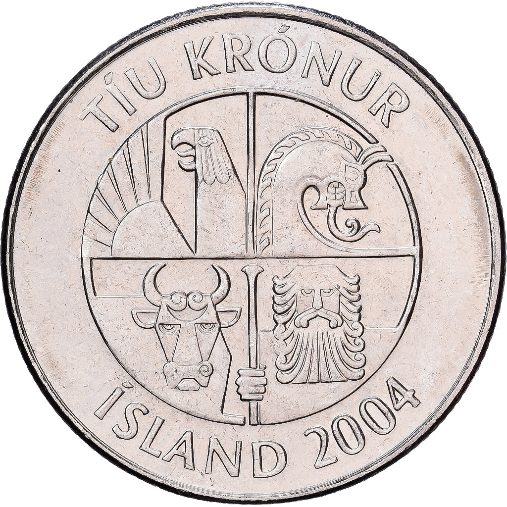 Islanda, 10 Kronur, 2004, Acciaio placcato nichel, BB, KM:29.1a