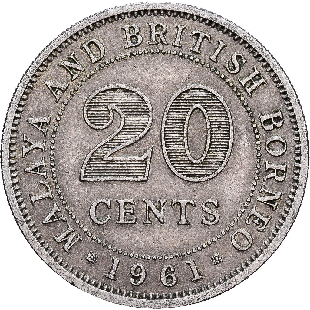 Coin, MALAYA & BRITISH BORNEO, 20 Cents, 1961, EF(40-45), Copper-nickel, KM:3