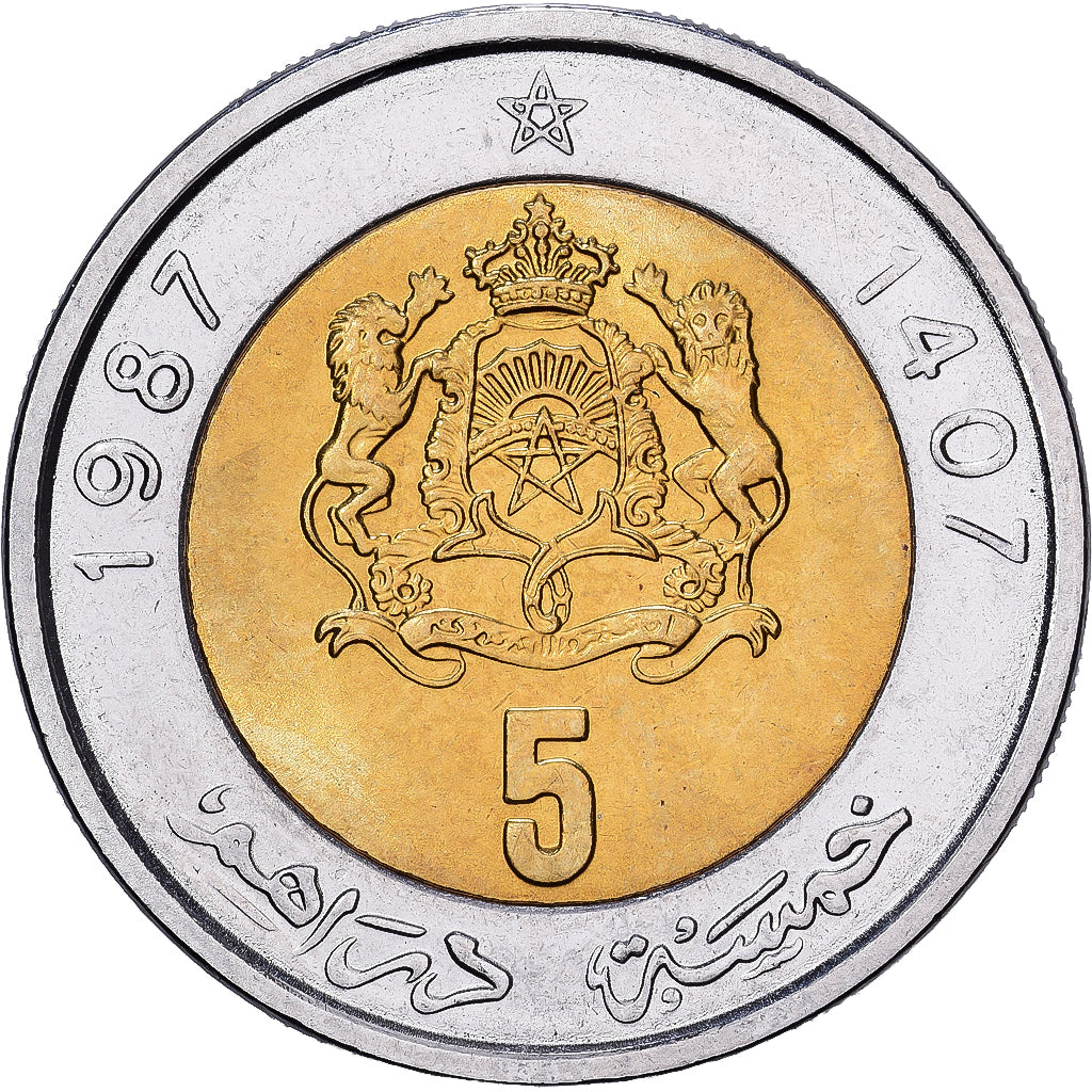 Moneta, Marocco, al-Hassan II, 5 Dirhams, 1987/AH1407, Paris, BB, Bi-metallico