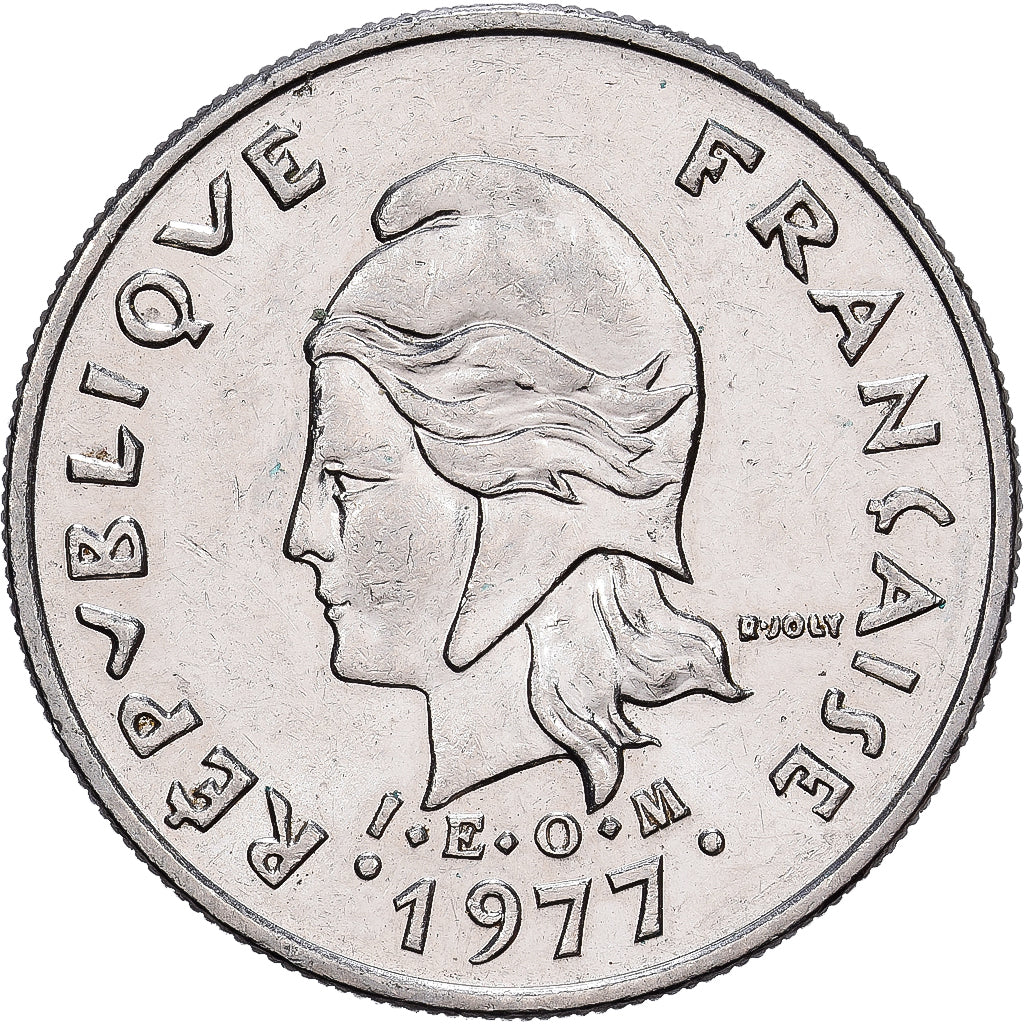 New Caledonia, 10 Francs, 1977, Pessac, I.E.O.M., Nickel, AU(55-58), KM:11