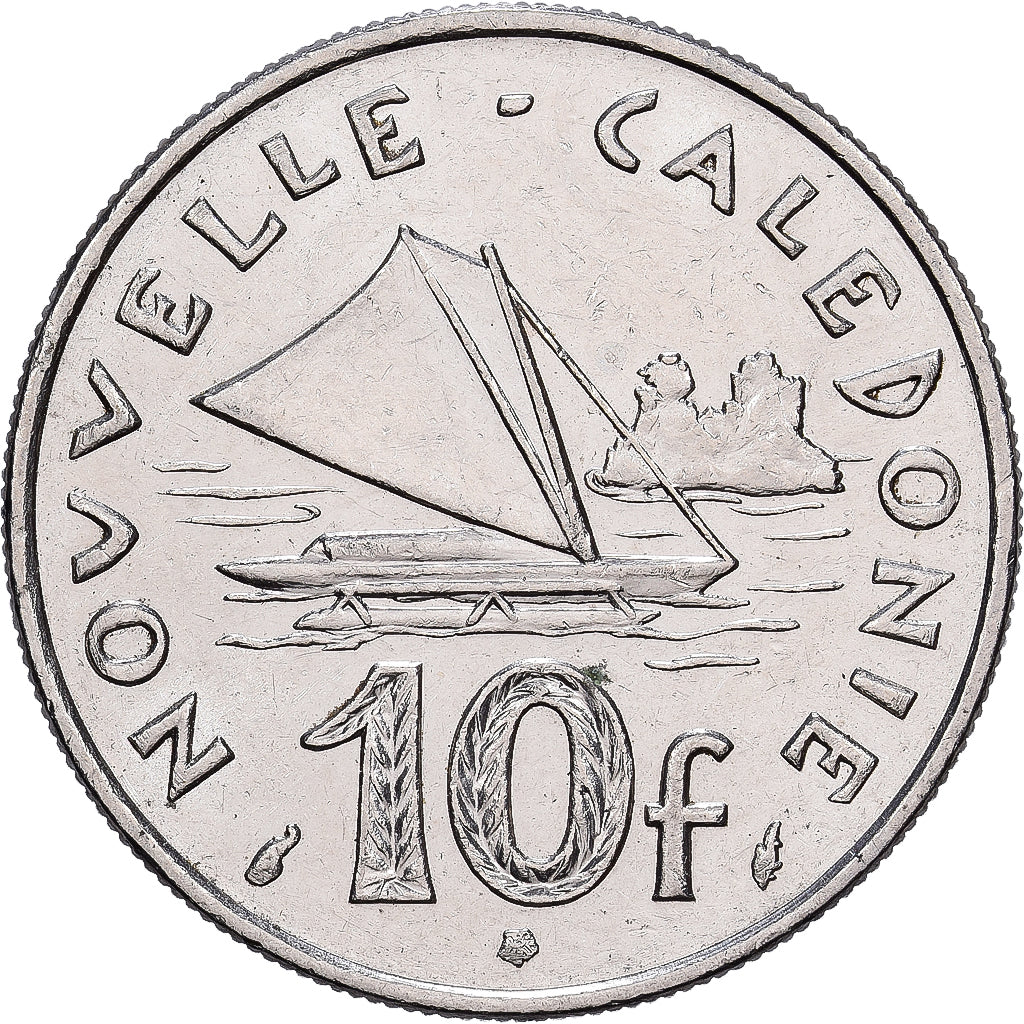 New Caledonia, 10 Francs, 1977, Pessac, I.E.O.M., Nickel, AU(55-58), KM:11