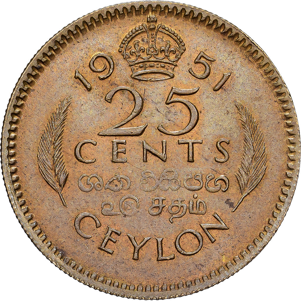 Ceylon, George VI, 25 Cents, 1951, Nickel-brass, VF(20-25), KM:122