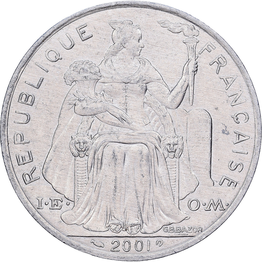 Polinesia francesa, 5 Francs, 2001, Paris, I.E.O.M., Aluminio, EBC, Lecompte:63g