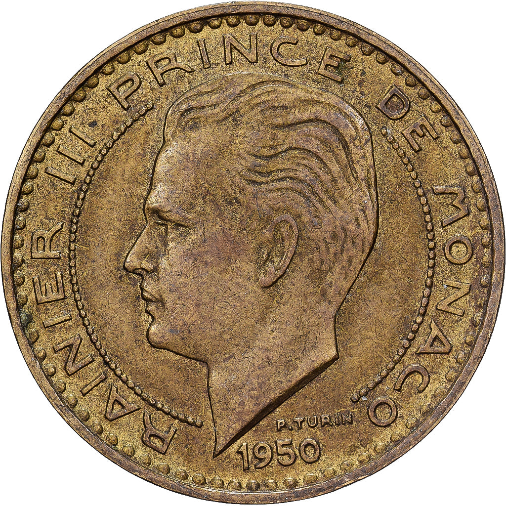 Mónaco, Rainier III, 20 Francs, Vingt, 1950, Paris, Aluminio - bronce, BC+
