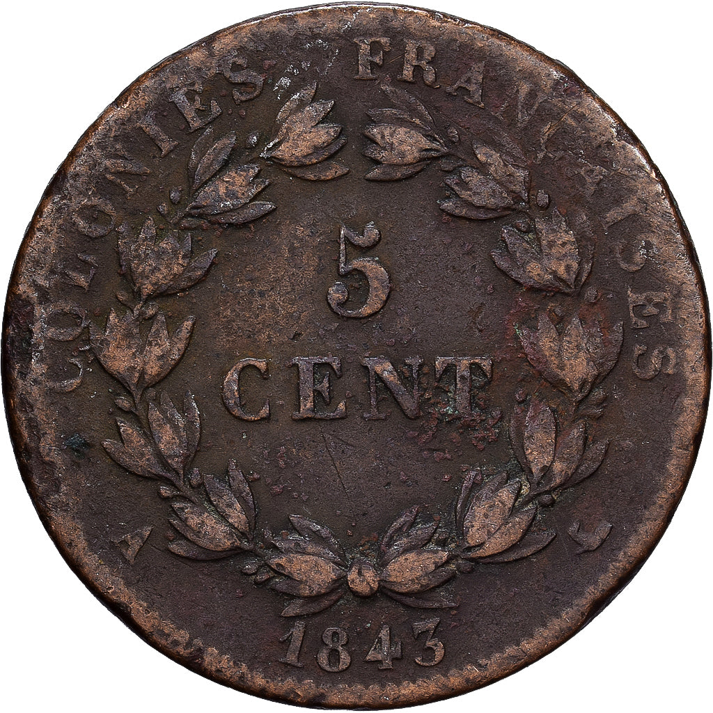 Antilles françaises, Louis-Philippe Ier, 5 Centimes, 1843, Paris, Bronze, TB