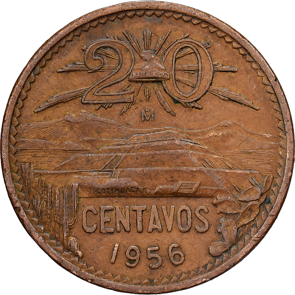 Mexico, 20 Centavos, 1956, Mexico City, Bronzen, FR+, KM:440