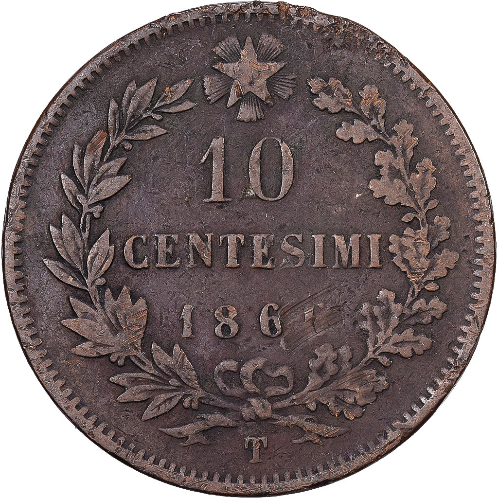 Moneda, Italia, Vittorio Emanuele II, 10 Centesimi, 1866, Torino, BC+, Cobre