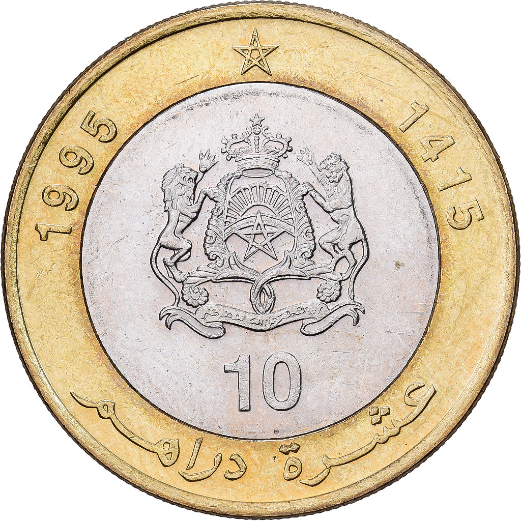 Marrocos, al-Hassan II, 10 Dirhams, 1995, Bimetálico, VF(30-35), KM:92