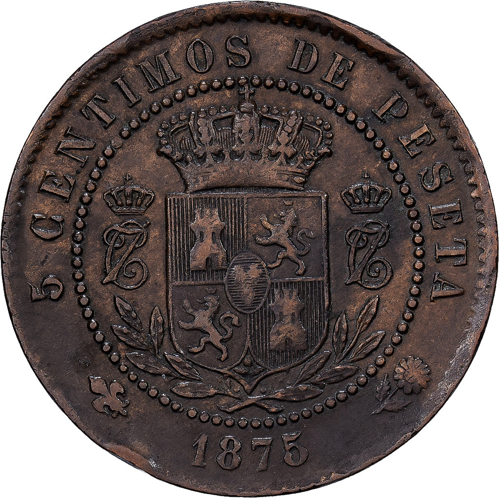 Spanien, Charles VII, 5 Centimos, 1875, Kupfer, SS, KM:669