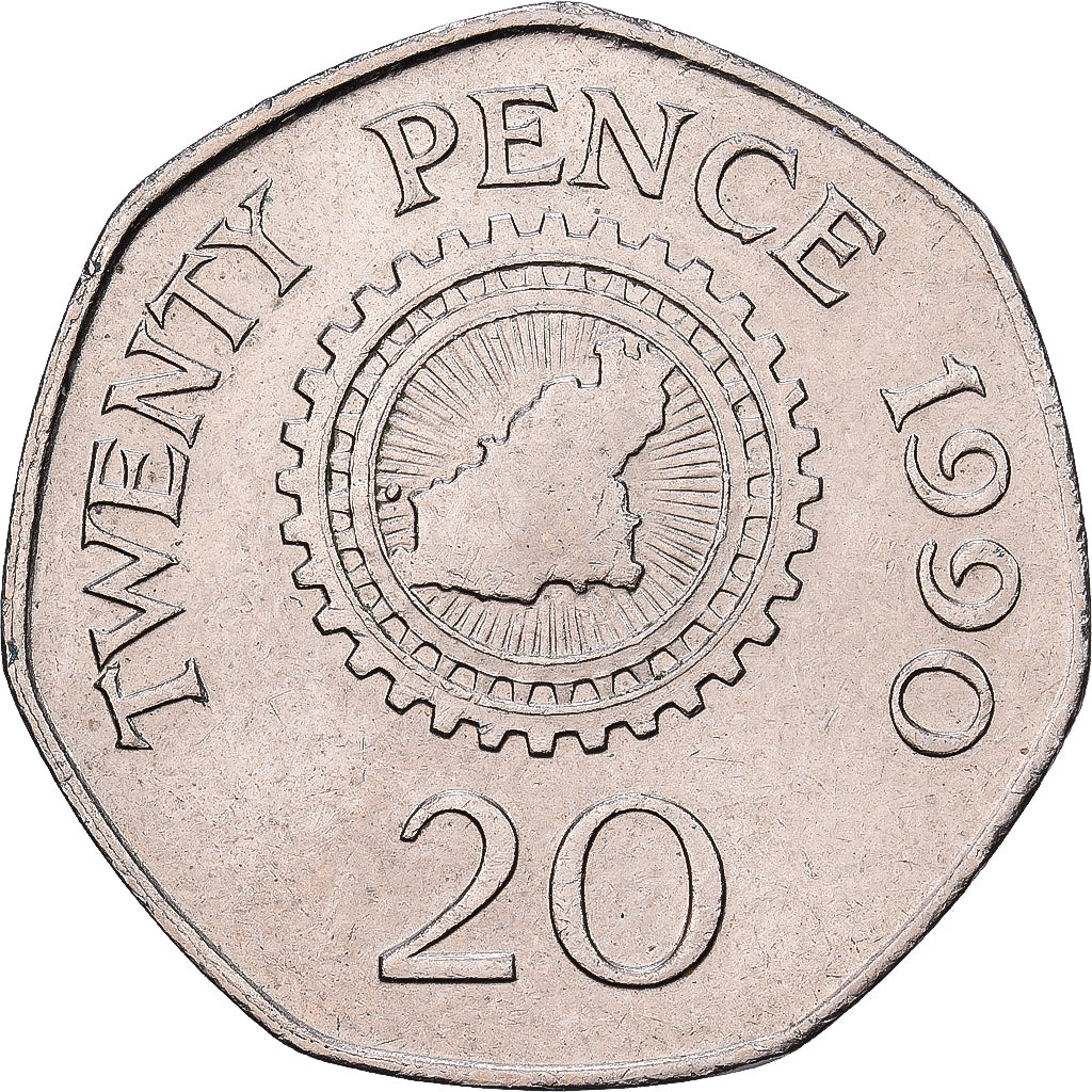 Guernsey, Elizabeth II, 20 Pence, 1990, Heaton, MBC+, Cobre - níquel, KM:44