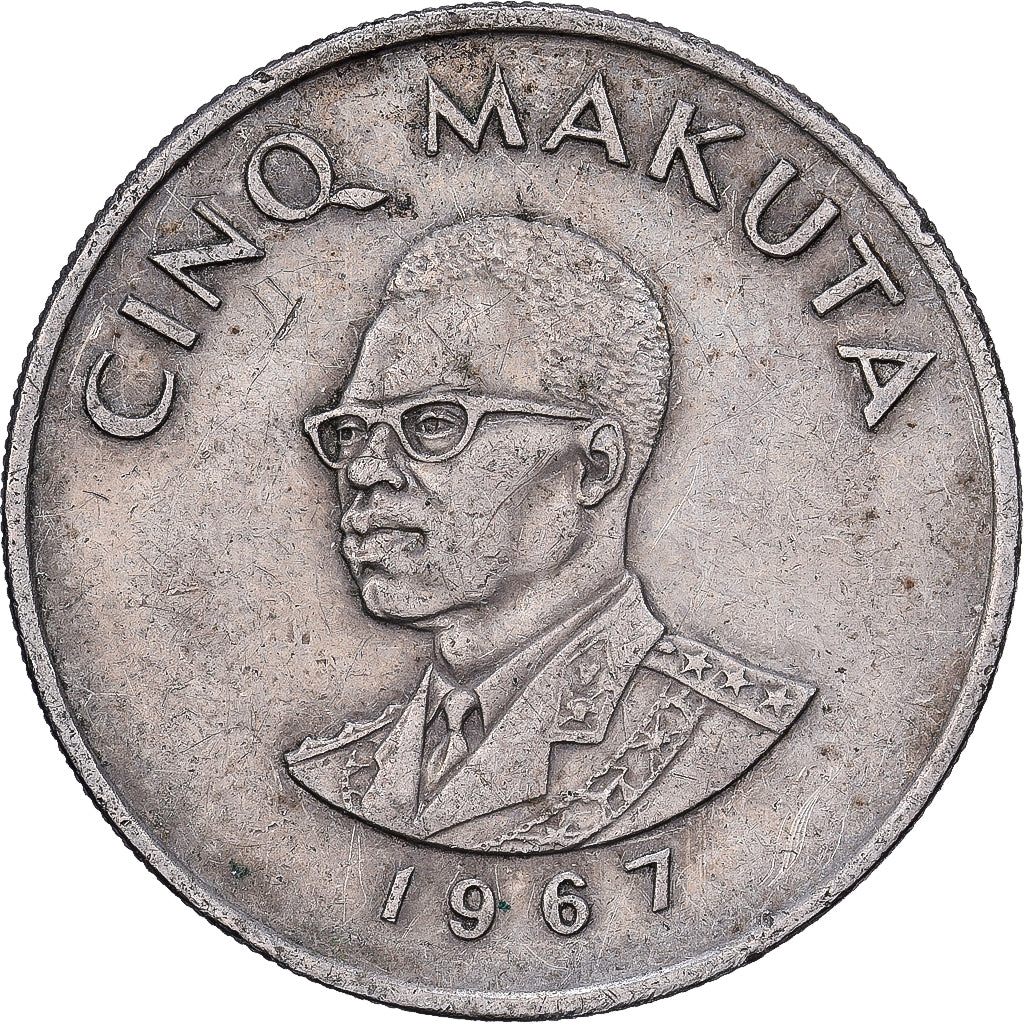 República Democrática de Congo, 5 Makuta, 1967, Cobre - níquel, BC+, KM:9