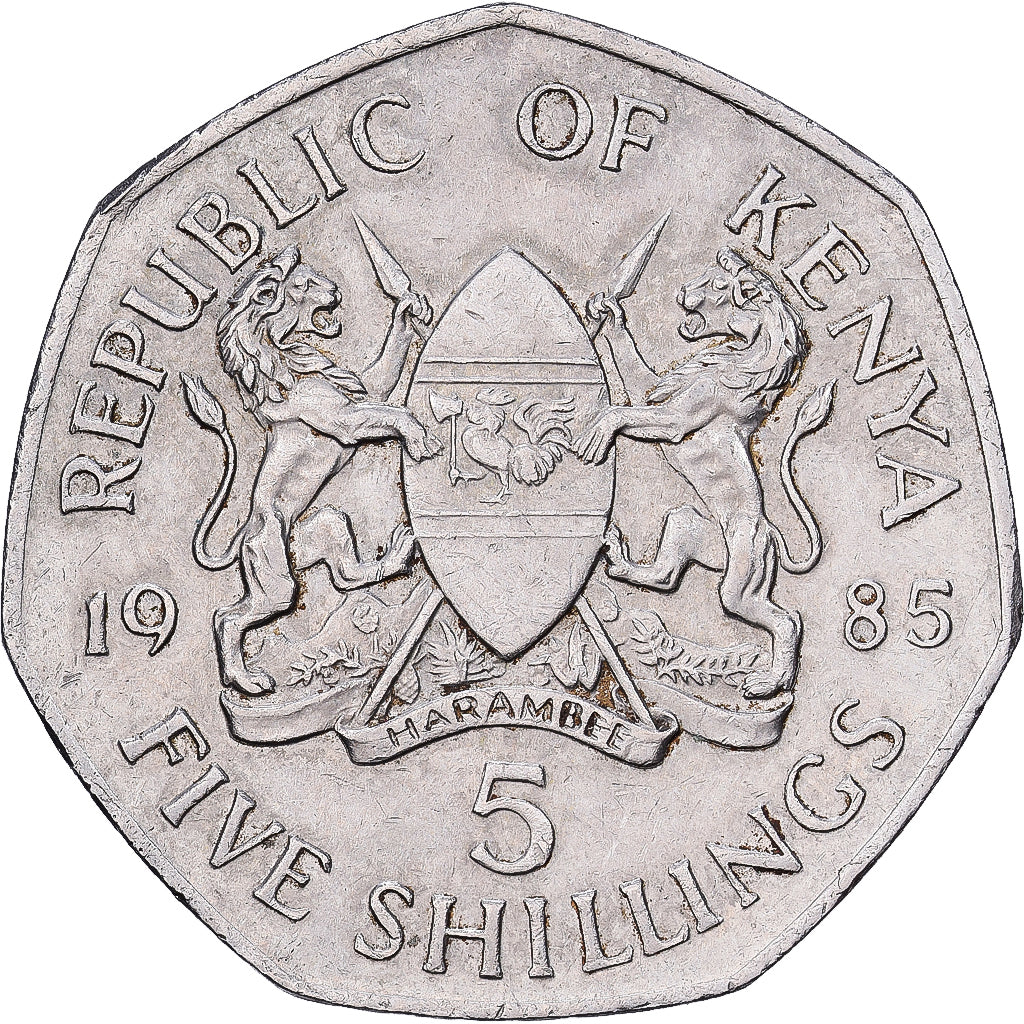 Kenya, 5 Shillings, 1985, British Royal Mint, Nickel plated steel, EF(40-45)