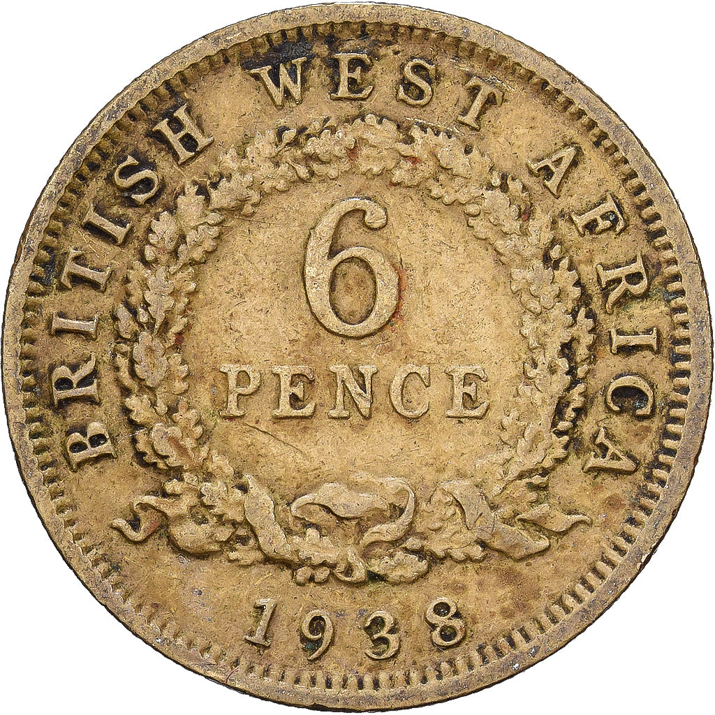 Coin, BRITISH WEST AFRICA, George VI, 6 Pence, 1938, VF(30-35), Nickel-brass