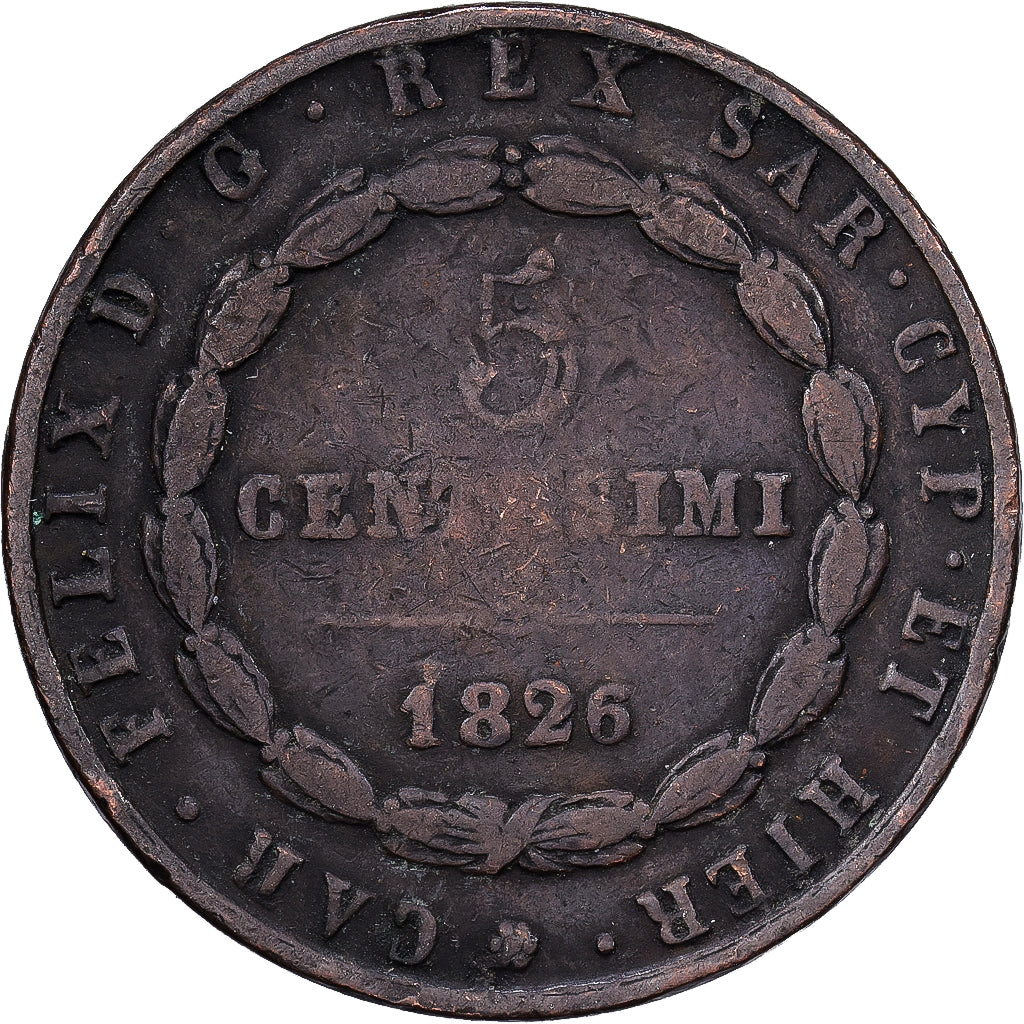 Italian States, SARDINIA, Carlo Felice, 5 Centesimi, 1826, Turin, Copper