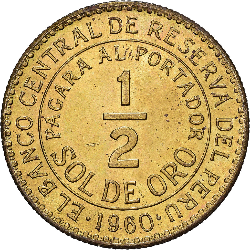 PERU, 1/2 Sol, 1960, KM #220.5, EF(40-45), Brass, 27.1