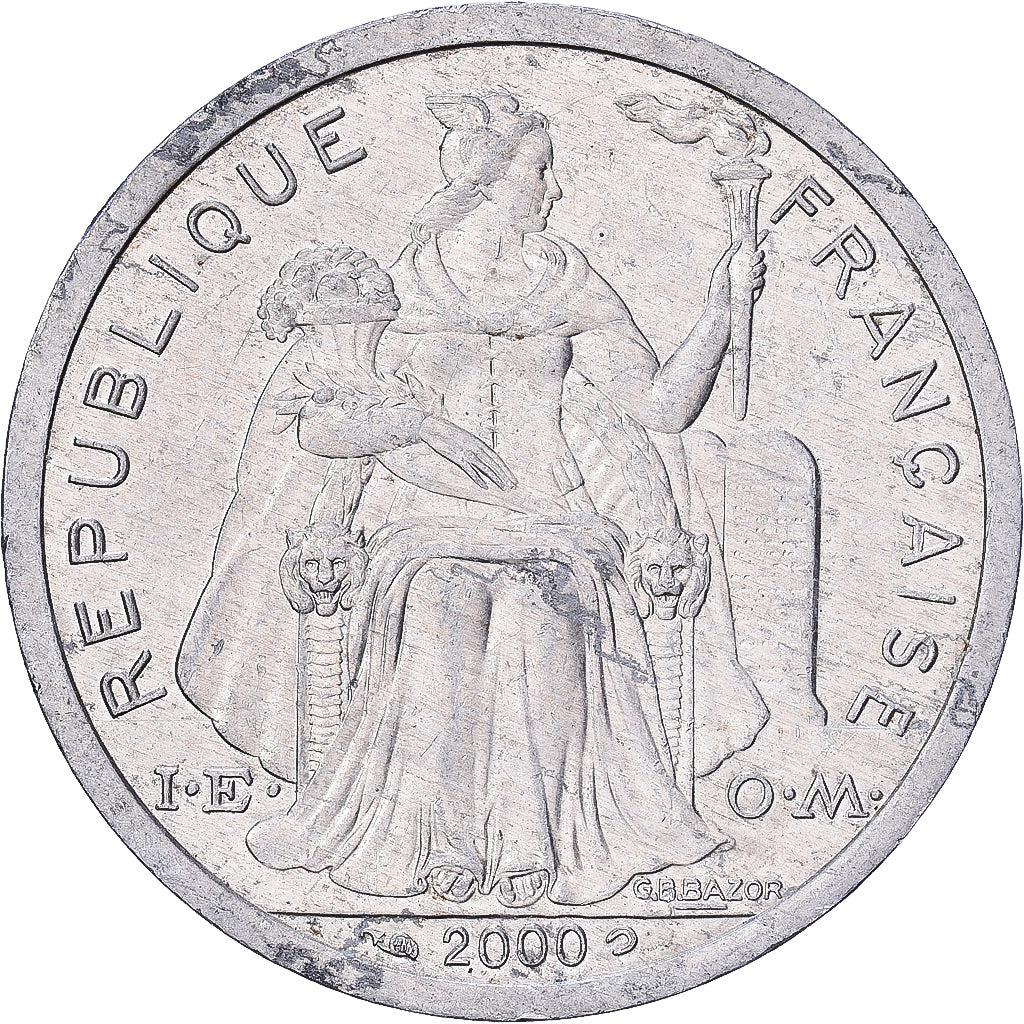 French Polynesia, 2 Francs, 2000, Paris, Aluminum, EF(40-45), Lecompte:38, KM:10