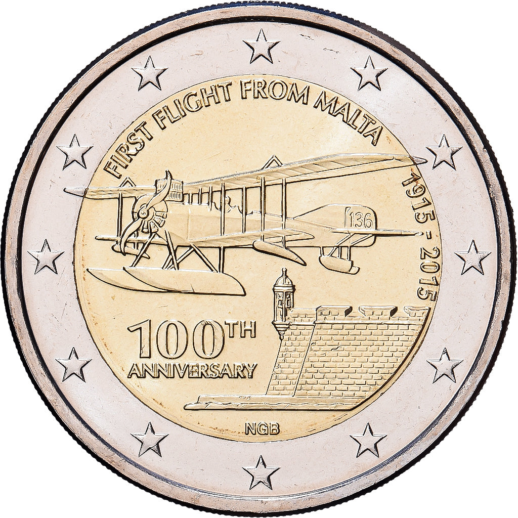 Malte, 2 Euro, Centenaire du premier vol depuis Malte, 2015, Bimétallique, SPL