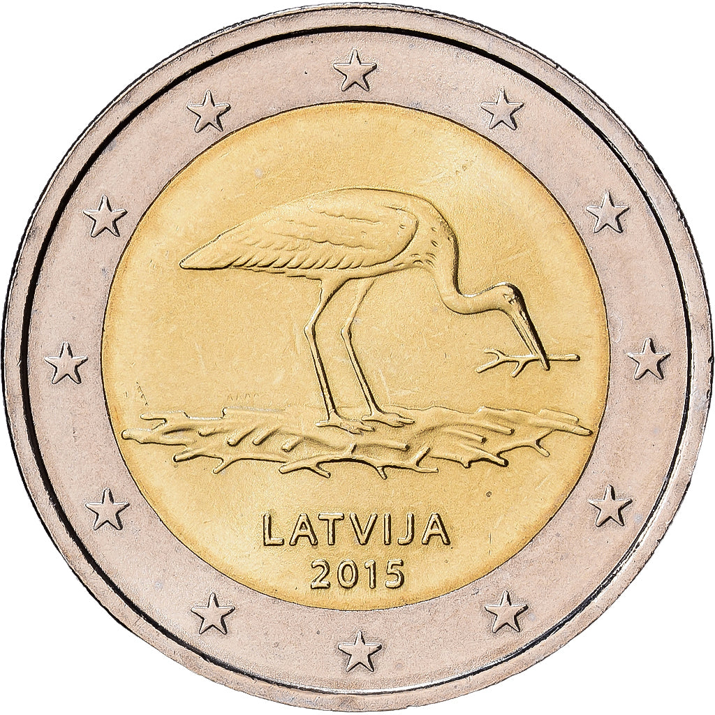 Latvia, 2 Euro, Espèces menacées — La cigogne noire, 2015, MONNAIE DE