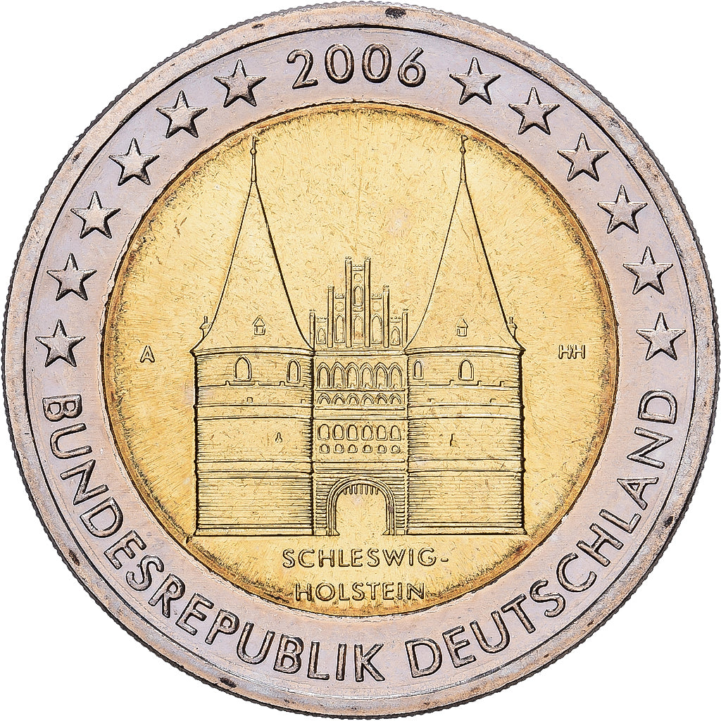 Germany, 2 Euro, Le land du Schleswig-Holstein et la Holstentor de Lübeck