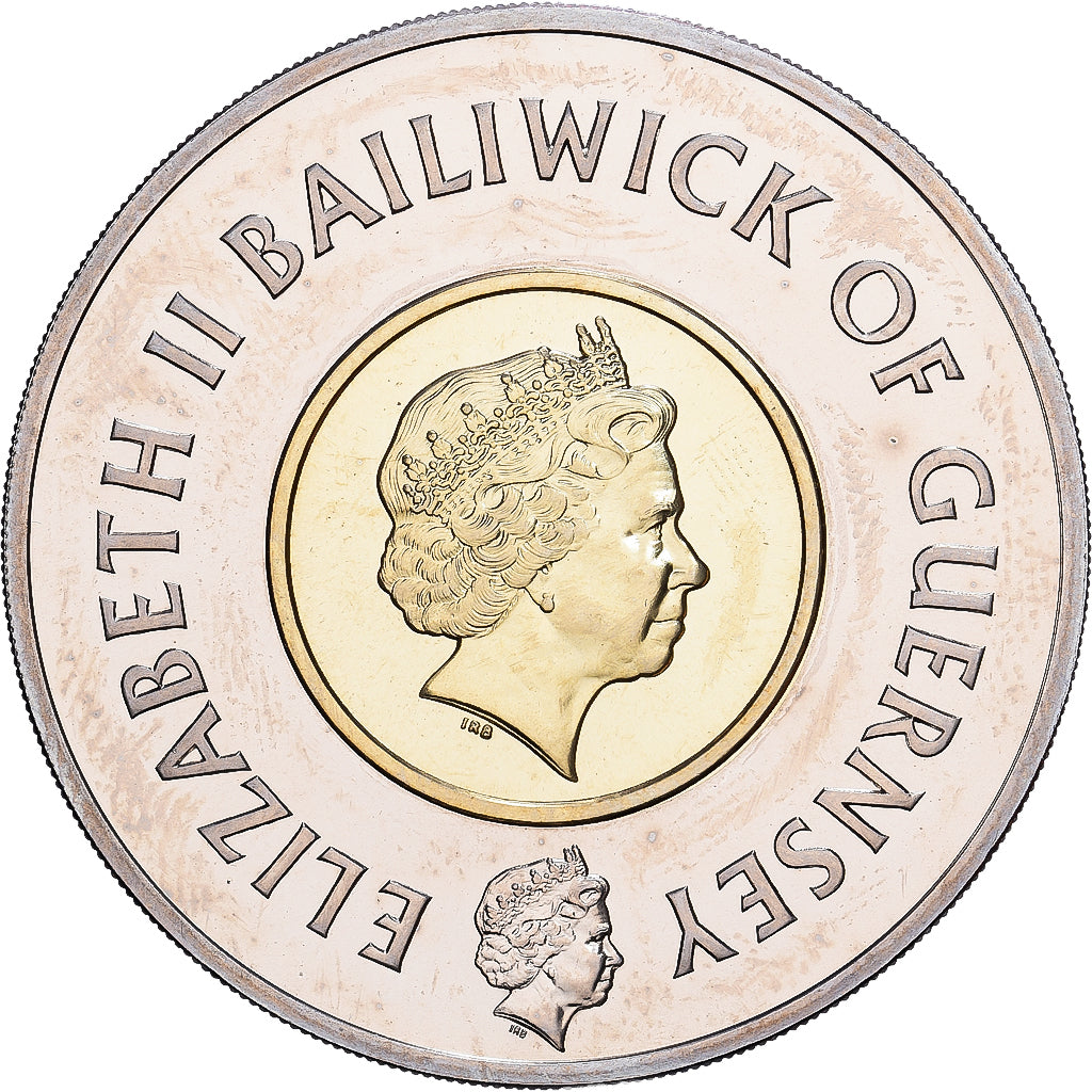 Guernsey, 5 Livres, 1999, Commémoration du passage au millénaire, Bi-Metallic