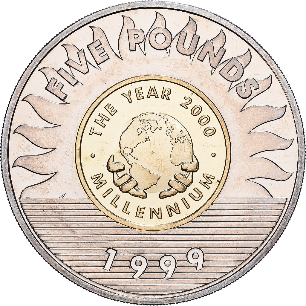 Guernsey, 5 Livres, 1999, Commémoration du passage au millénaire, Bi-Metallic