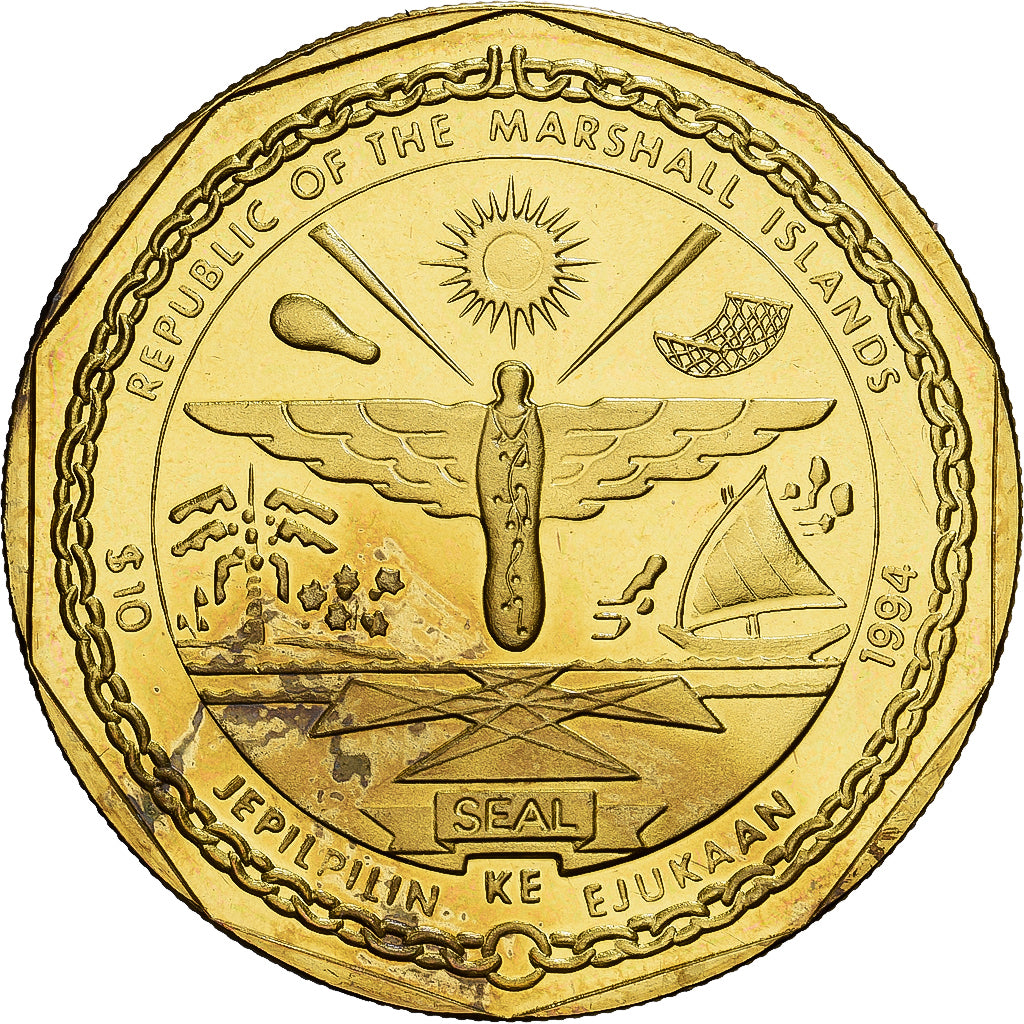 Marshall Islands, 10 Dollars, 25th Anniversary - First Men on the Moon, 1994