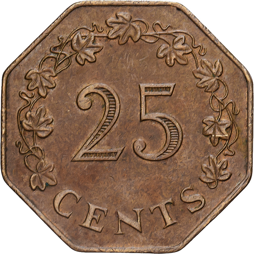 Malta, 25 Cents, 1975, Ottone, MB+, KM:29