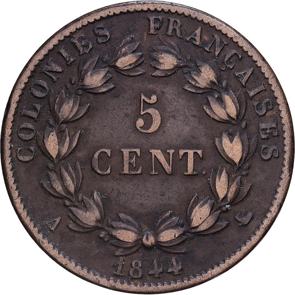 French Antilles, Louis Philippe I, 5 Cents, 1844, Paris, Bronze, SS