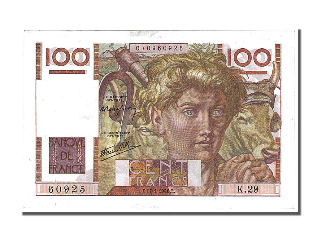 Geldschein, Frankreich, 100 Francs, 100 F 1945-1954 ''Jeune Paysan'', 1946