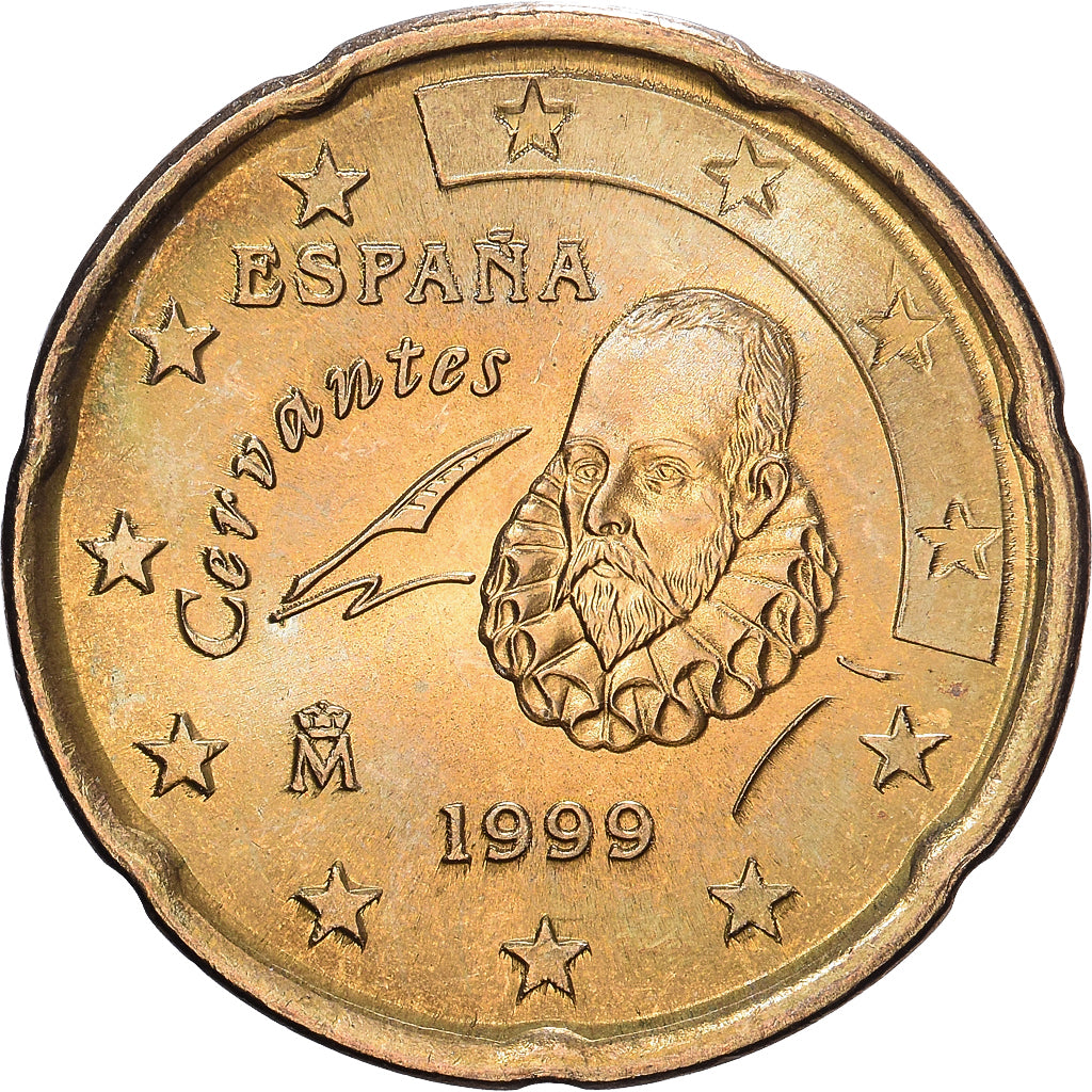 Espanha, 20 Centimes, Miguel de Cervantes, 1999, Madrid, Nordic gold, AU(55-58)