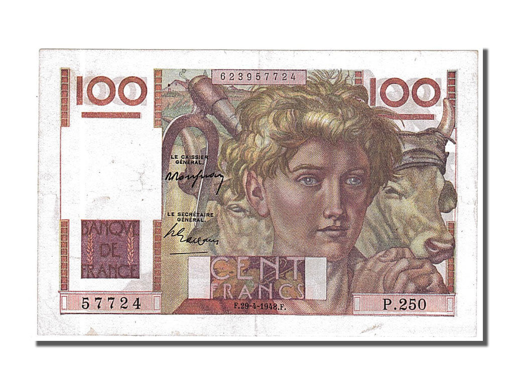 Geldschein, Frankreich, 100 Francs, 100 F 1945-1954 ''Jeune Paysan'', 1948