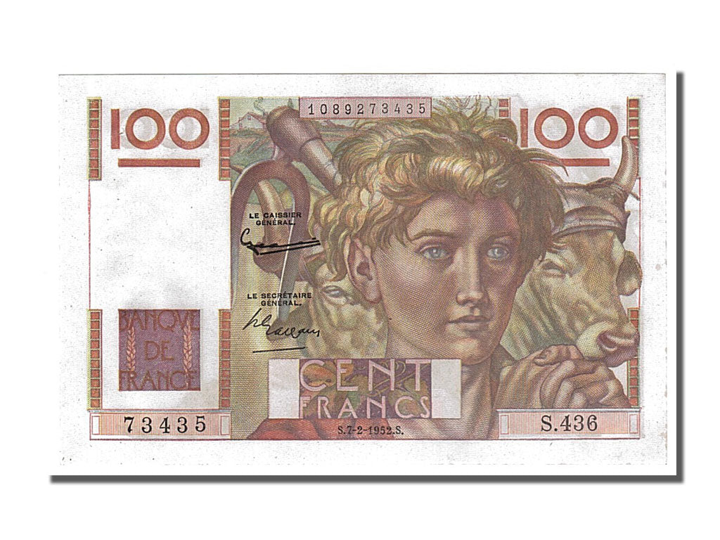 Billete, Francia, 100 Francs, 100 F 1945-1954 ''Jeune Paysan'', 1952