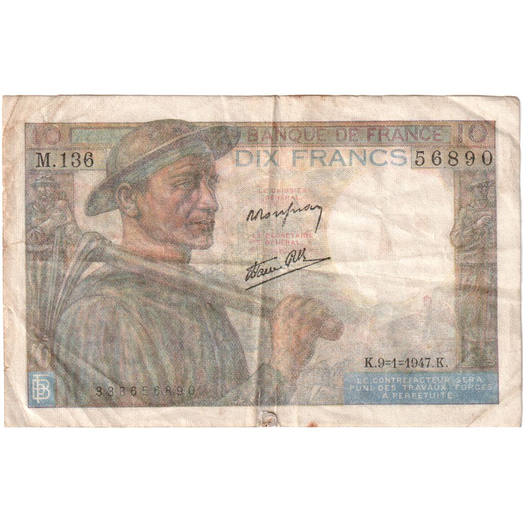 Francja, 10 Francs, Mineur, 1947-01-09, M.136 56890, VF(20-25)