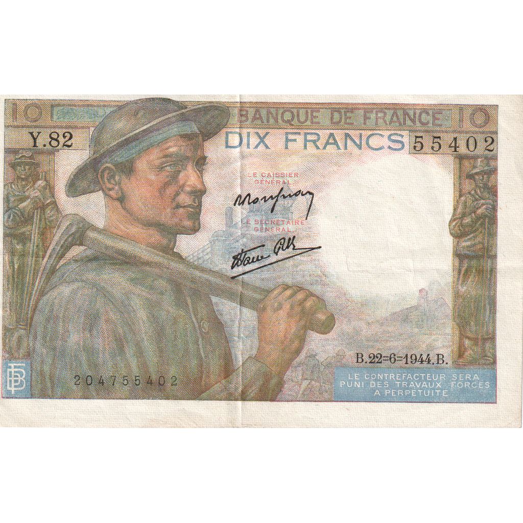 France, 10 Francs, Mineur, 1944-06-22, Y.82 55402, AU(50-53)