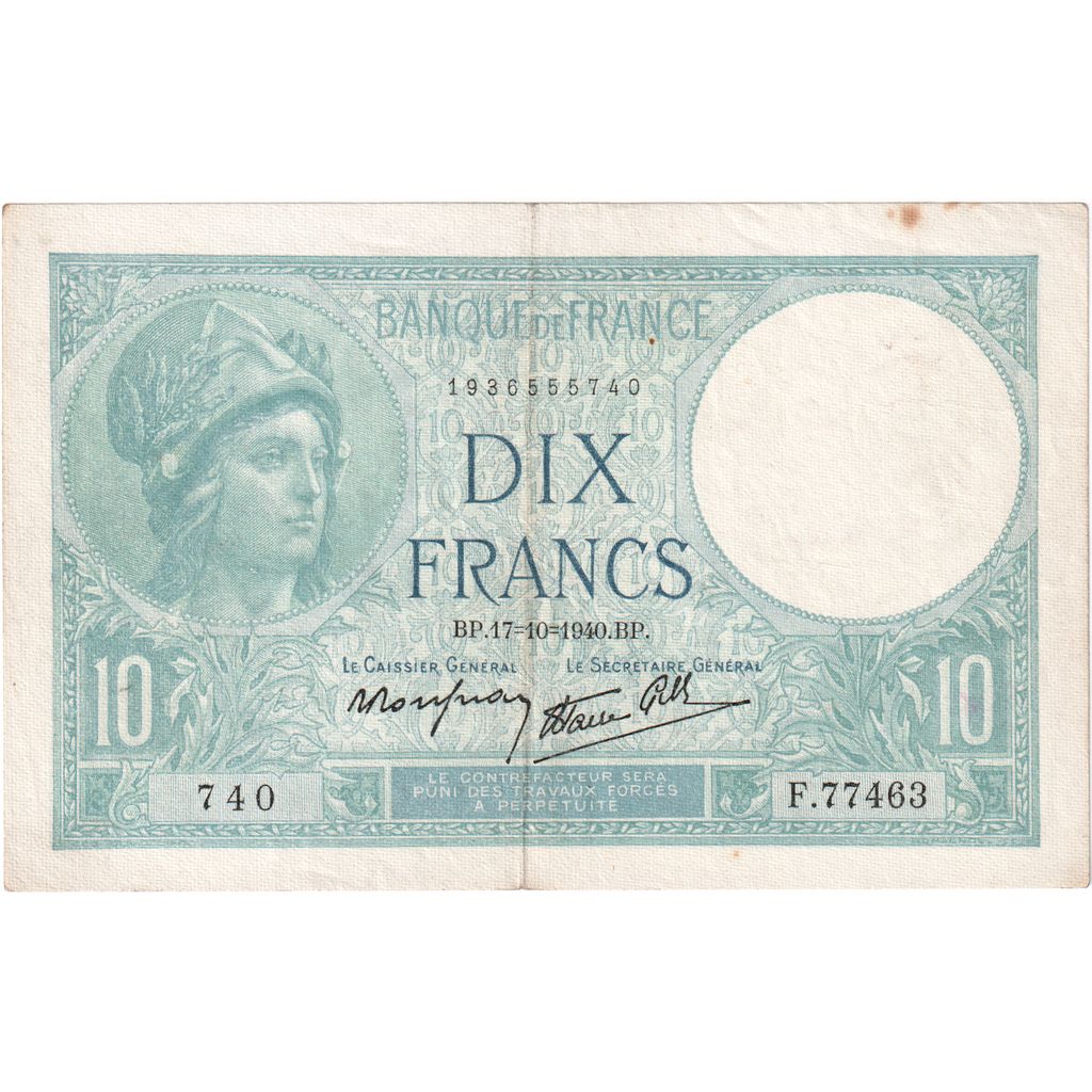 France, 10 Francs, Minerve, 1940-10-17, F77463, AU(50-53)