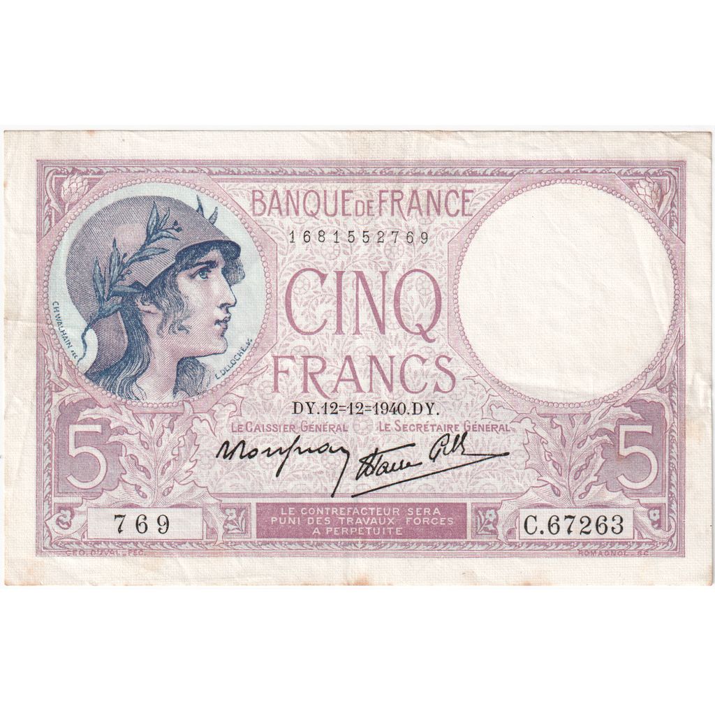 França, 5 Francs, Violet, 1940-12-12, C67263, EF(40-45)