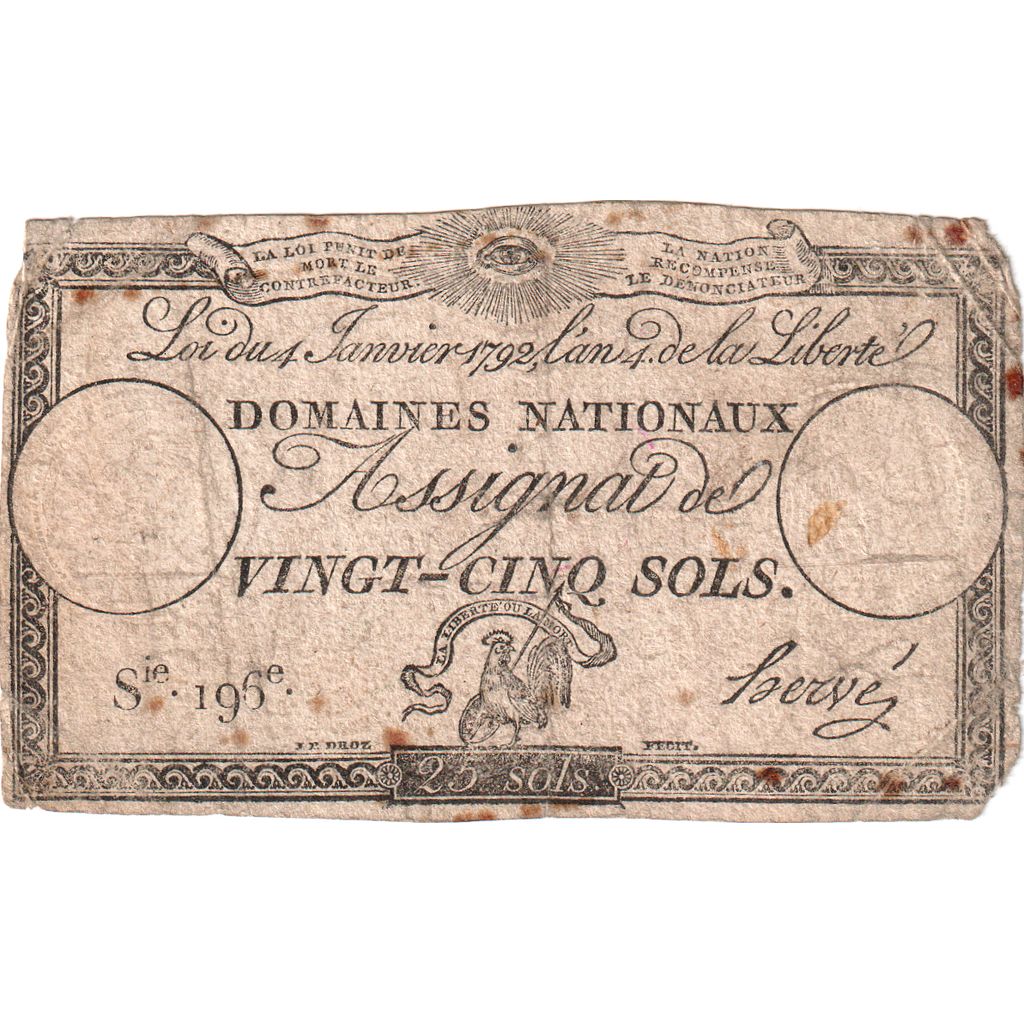 France, 25 Sols, 1792-01-04, SERIE 195, VG(8-10)