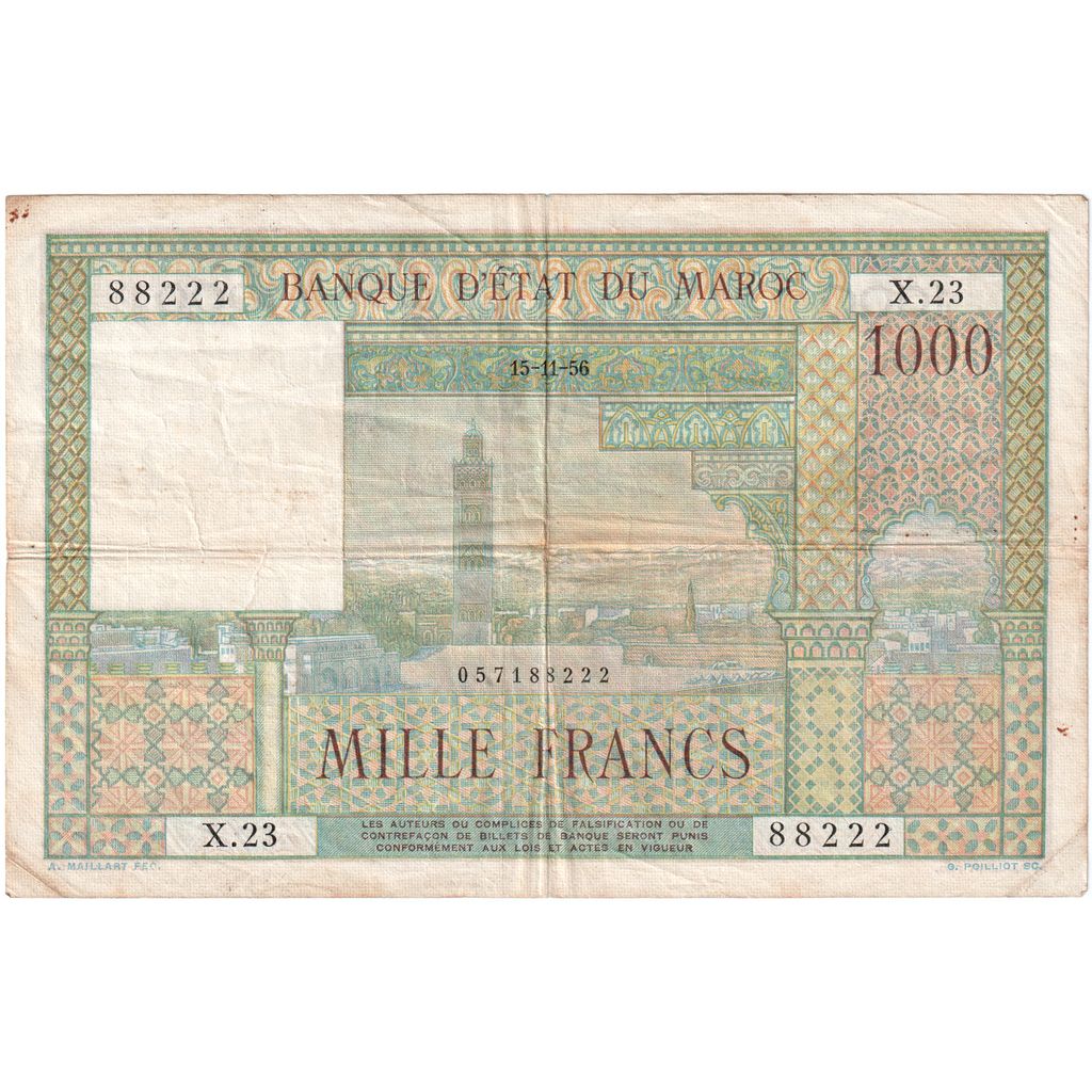 Marruecos, 1000 Francs, 1956-11-15, BC