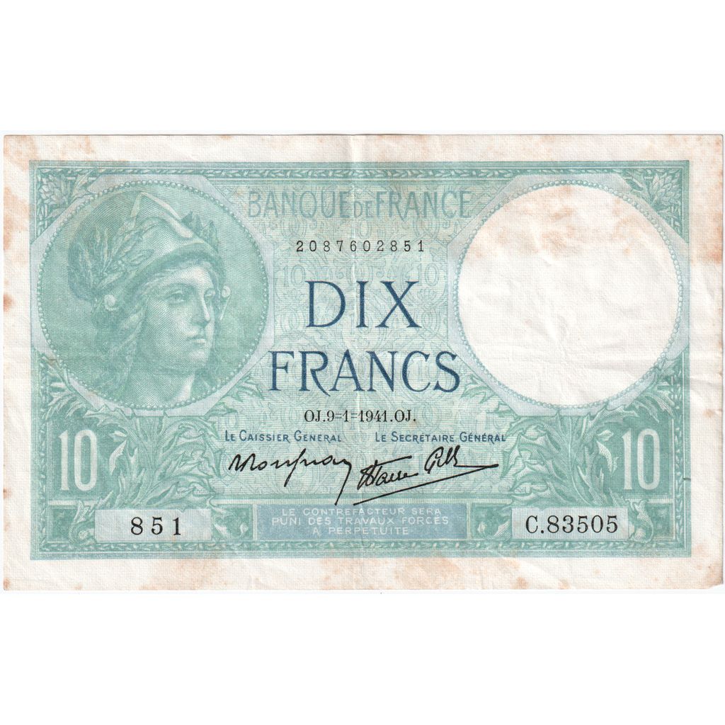 France, 10 Francs, 1941-01-09, C.83505 851, EF(40-45)