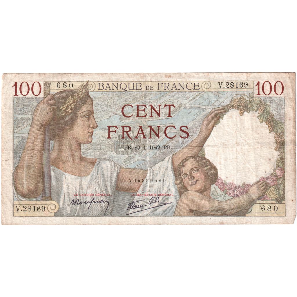 Francia, 100 Francs, Sully, 1942-01-29, V.28169, MB