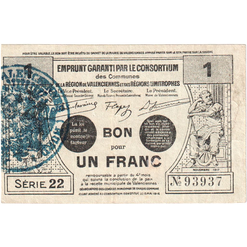 Frankreich, 1 Franc, 1917-11, Serie 22 93937, SS, Pirot:59-2566