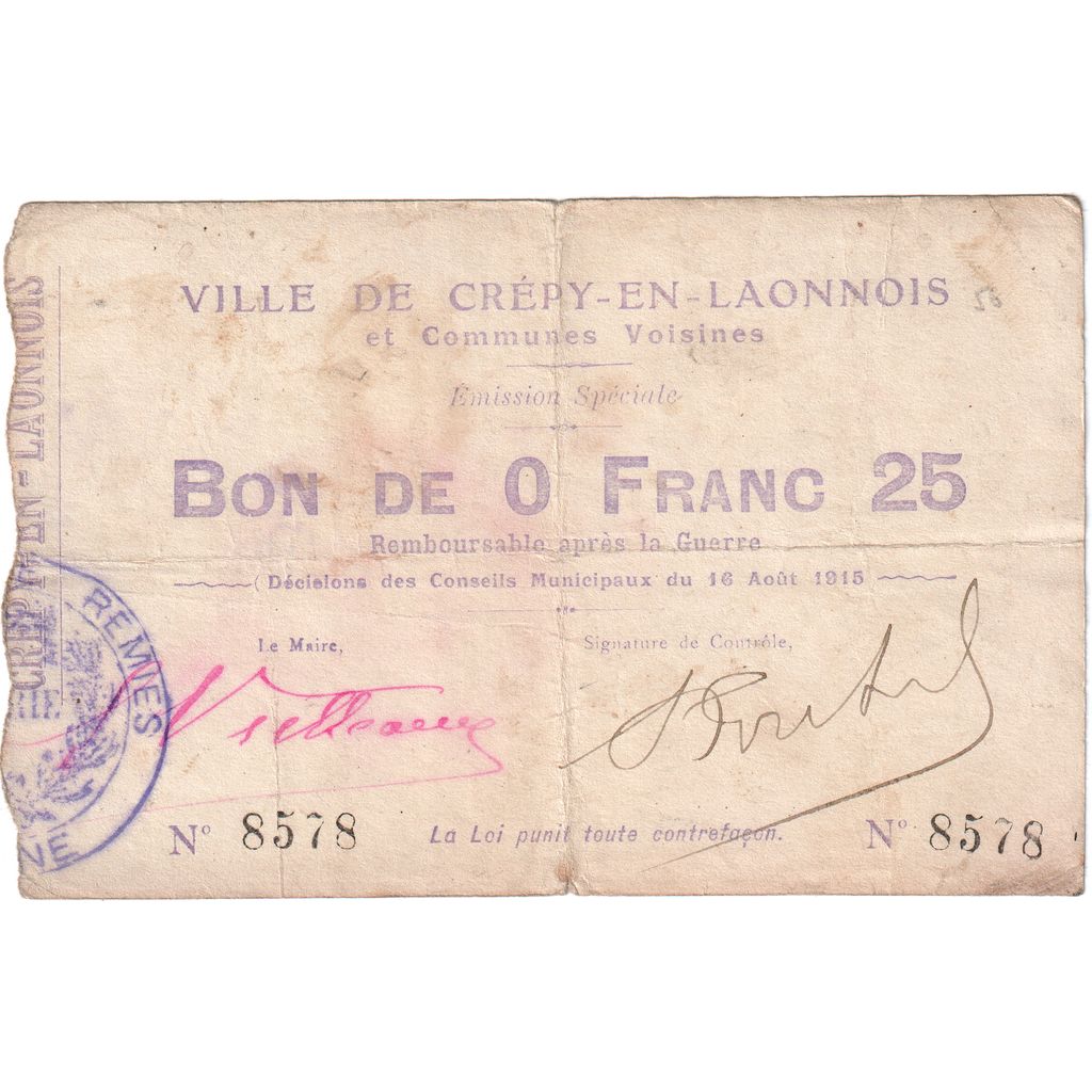 Frankreich, 25 Centimes, 1915-08-16, 8578, S, Pirot:02-531