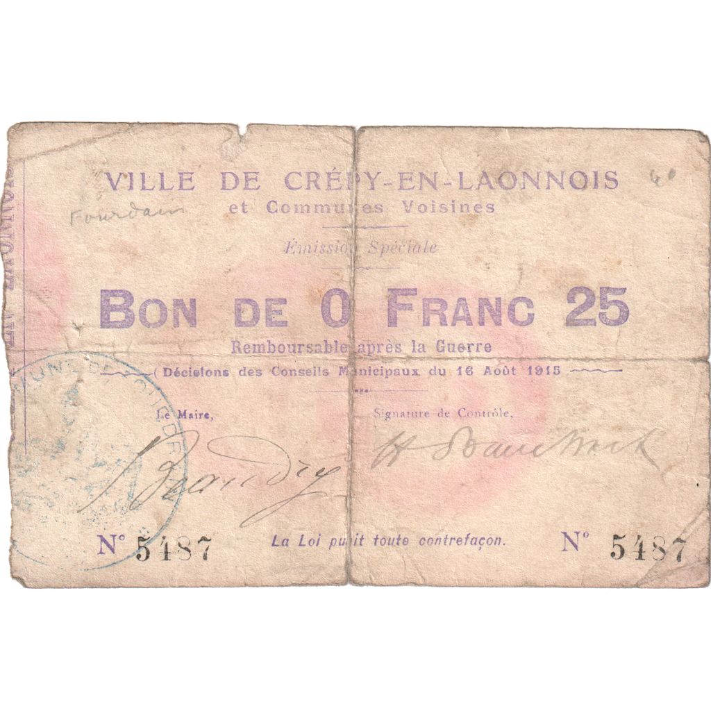 Francia, 25 Centimes, 1915-08-16, 5487, RC+, Pirot:02-531