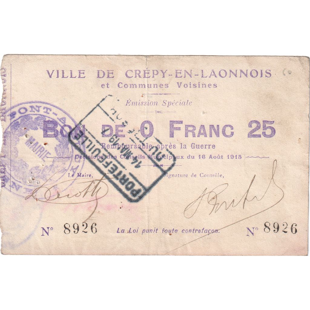 Francia, 25 Centimes, 1915-08-16, 8926, BC+, Pirot:02-531