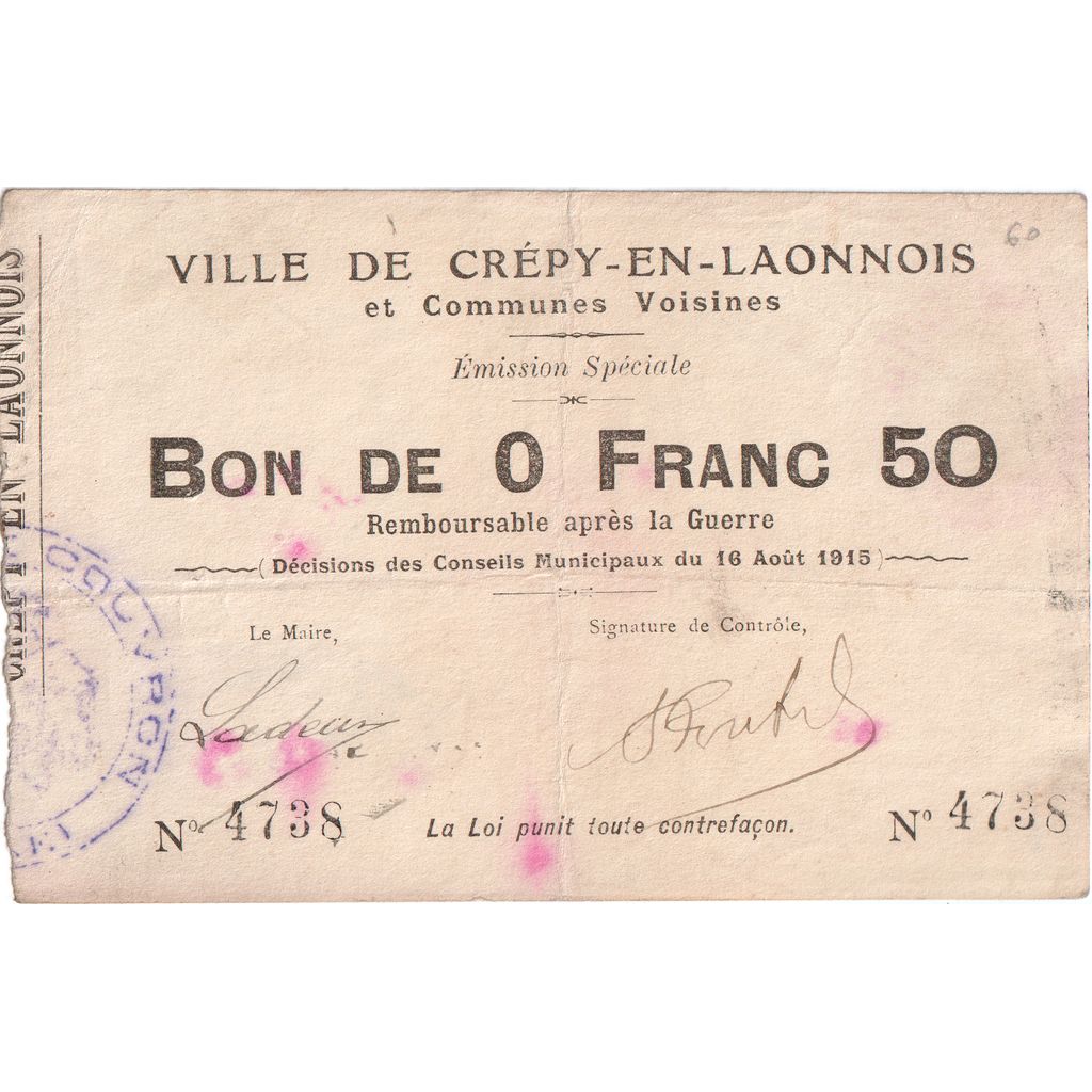 Francia, 50 Centimes, 1915-08-16, 4738, BC+, Pirot:02-531
